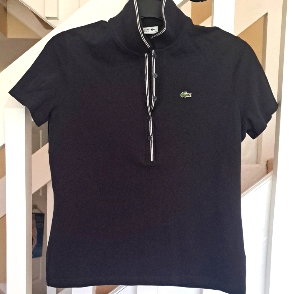 Lacoste Women's Navy Polo Shirt White  Stripe Piping Collar & Button  Sz M EUC